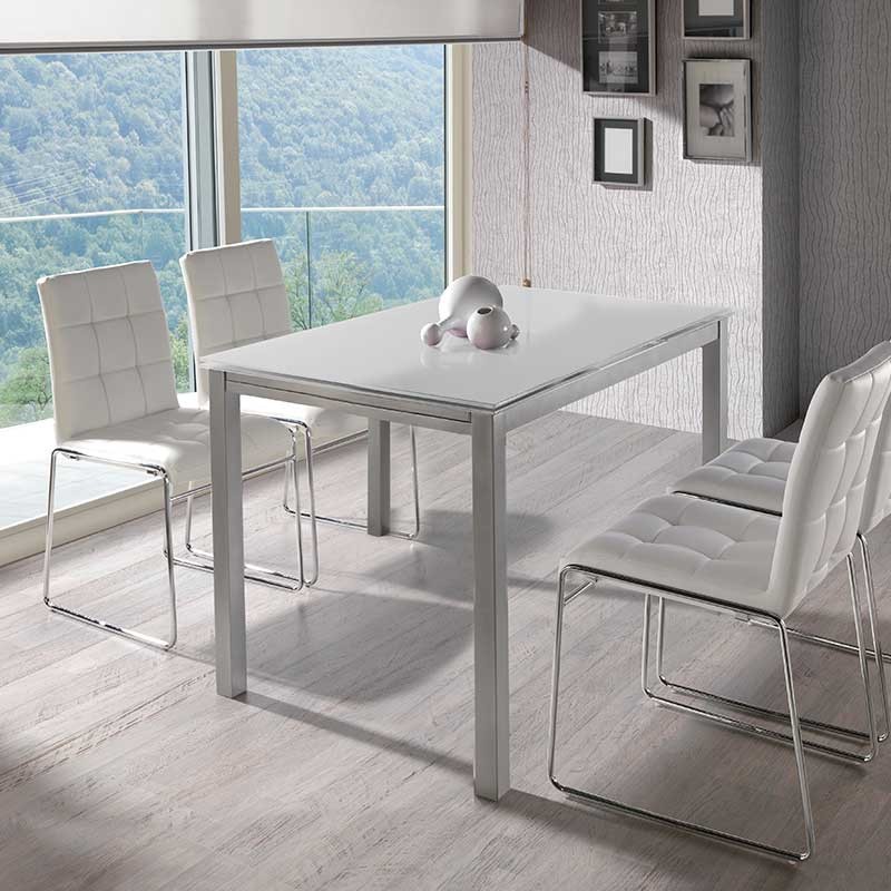 Mesa de cocina extensible con tapa de cristal blanco I